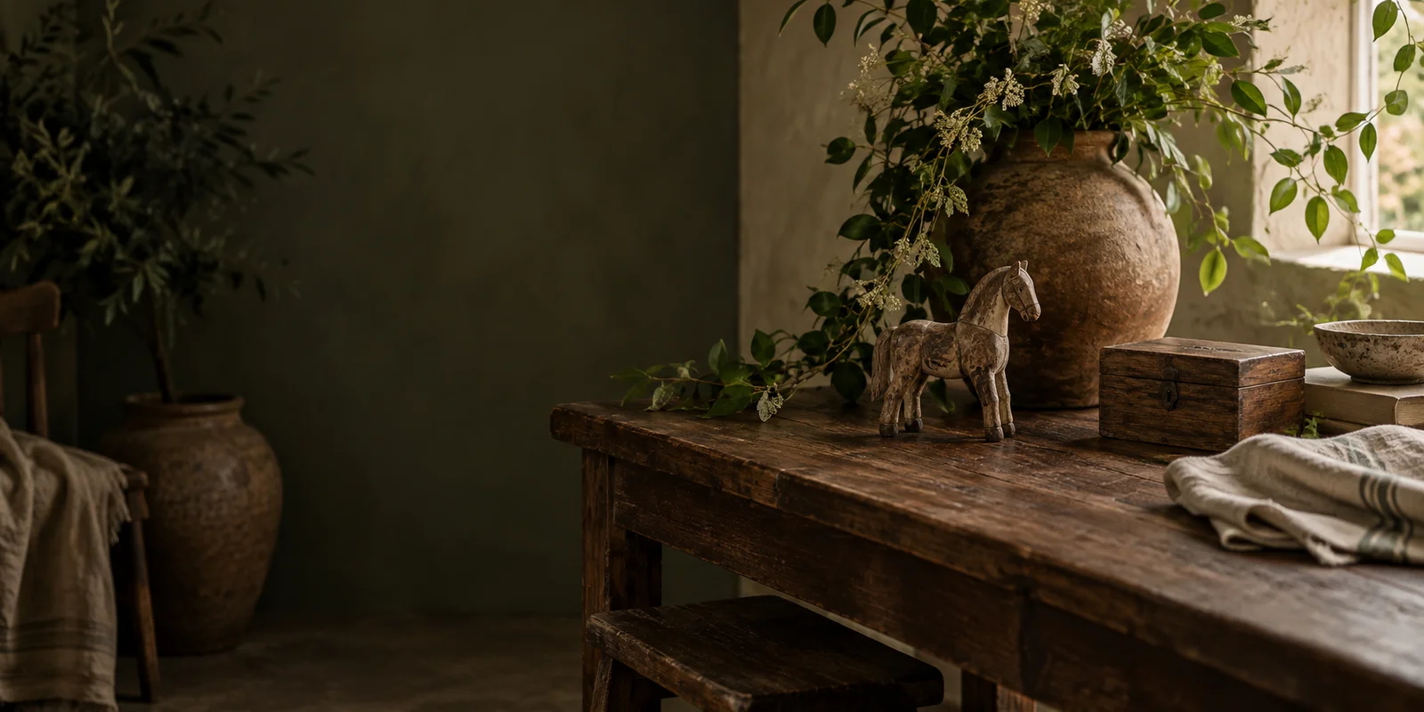 A wooden toy horse, keepsake box and linen on a timeworn table beside greenery